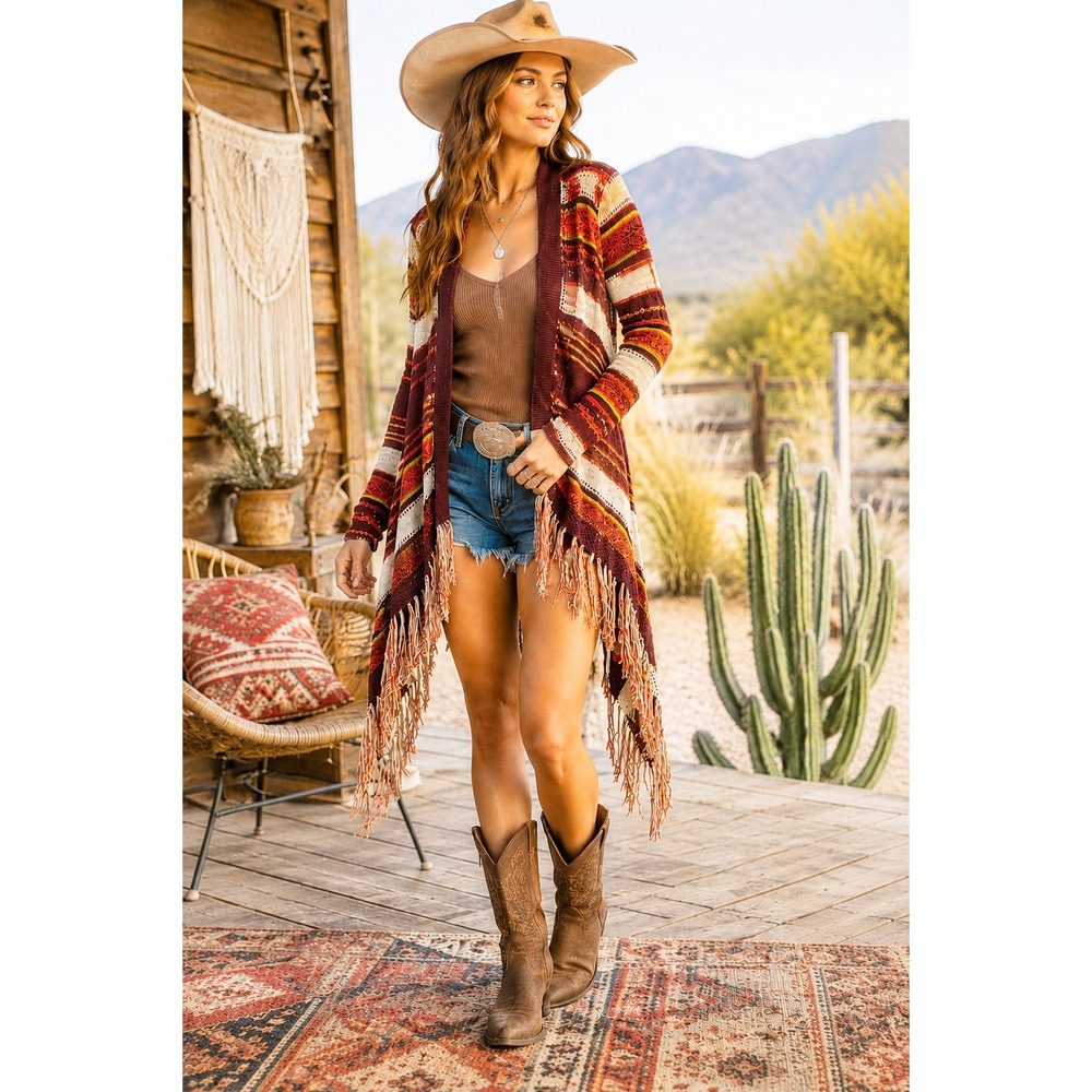 Lucky Brand Open Front Fringe Cardigan Sweater S Boho Cowgirl Duster Linen Blend
